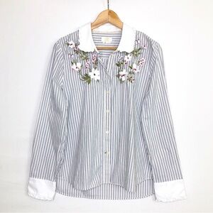 Kate Spade, striped embroidered ruffle collar and cuffs button down shirt